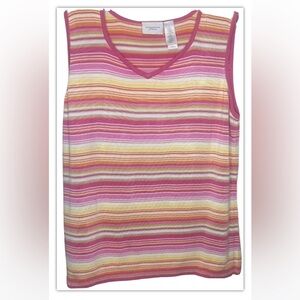 Liz Claiborne Woman Striped Knit Tank Top 2X Pink Yellow White Orange V-Neck